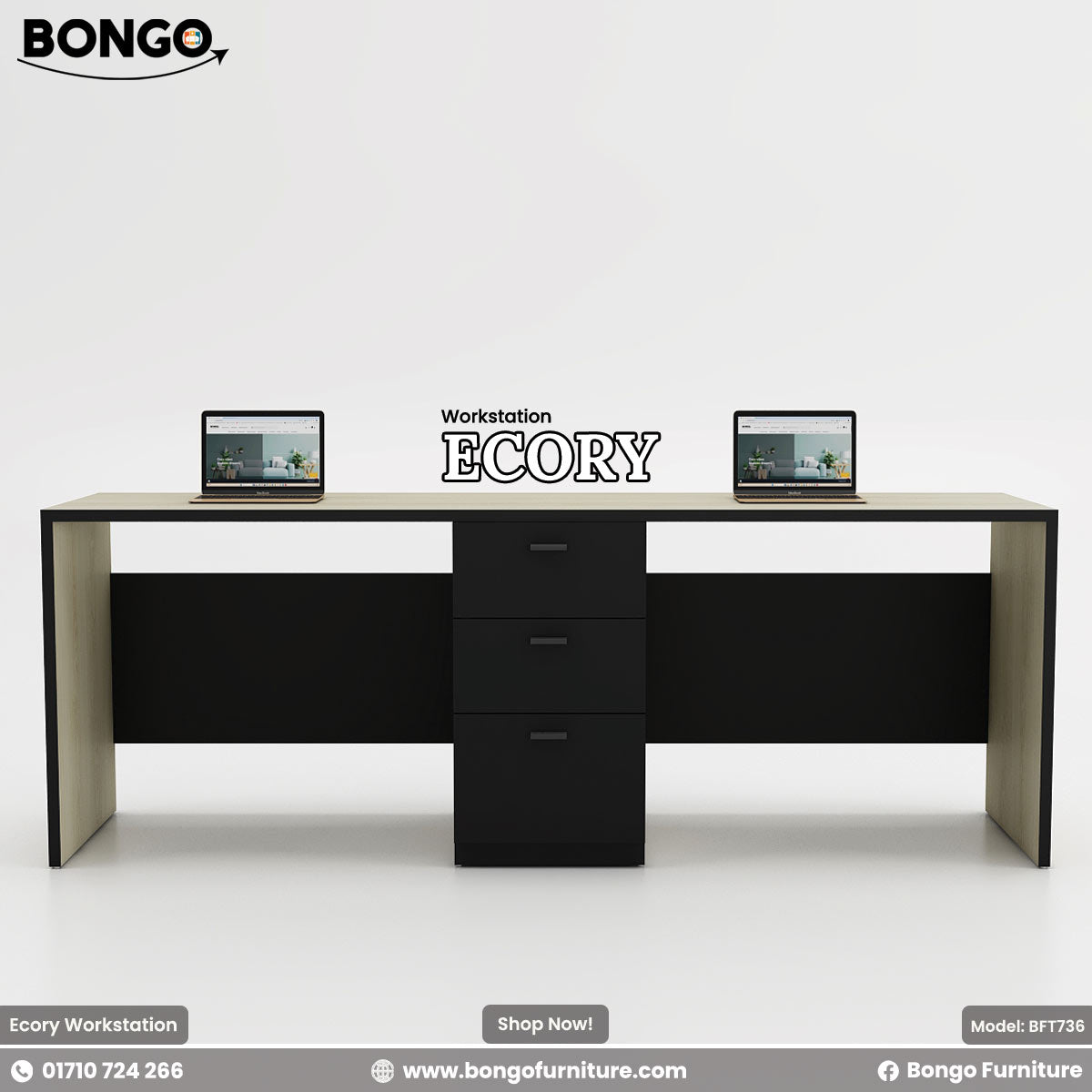 Black and white office workstation with two laptops on a white background.