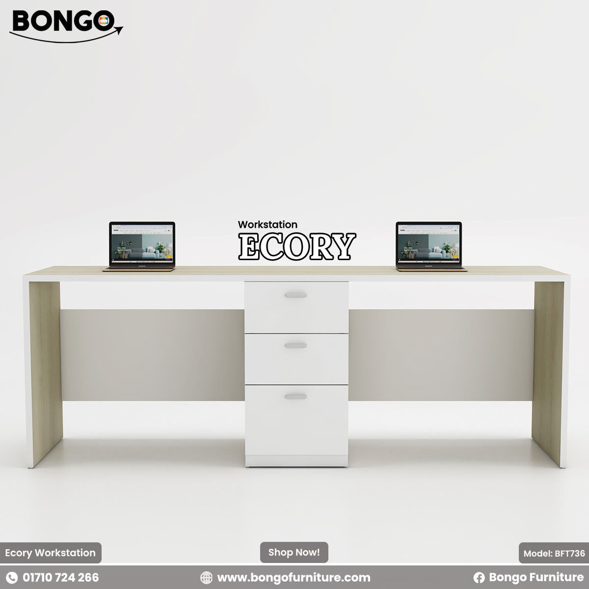White and Water Resistant Strong Laminated Board desk with two laptops on a white background.