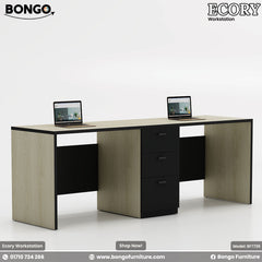 Dual-seater Ecory Workstation with white and beige colors, featuring partition walls, desk tops with laptops, and storage drawers.