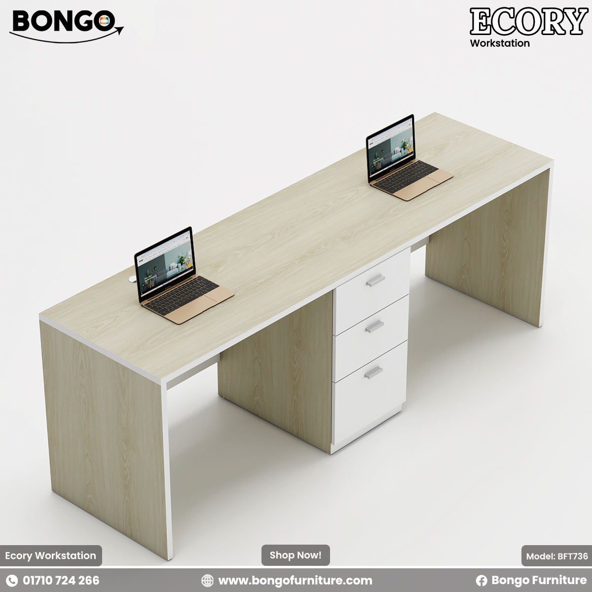 Water Resistant Strong Laminated Board desk with laptop on a white background