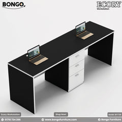 Dual-seater Ecory Workstation with white and beige colors, featuring partition walls, desk tops with laptops, and storage drawers.