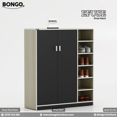 A product image of the "EFUSE Shoe Rack" by Bongo. The tall, modern cabinet features a light wood-grain frame, a large two-door cupboard with matte black doors and silver handles on the left, and a column of five open display shelves on the right. The open shelves are styled with several pairs of shoes. The unit is set against a plain, light grey background.