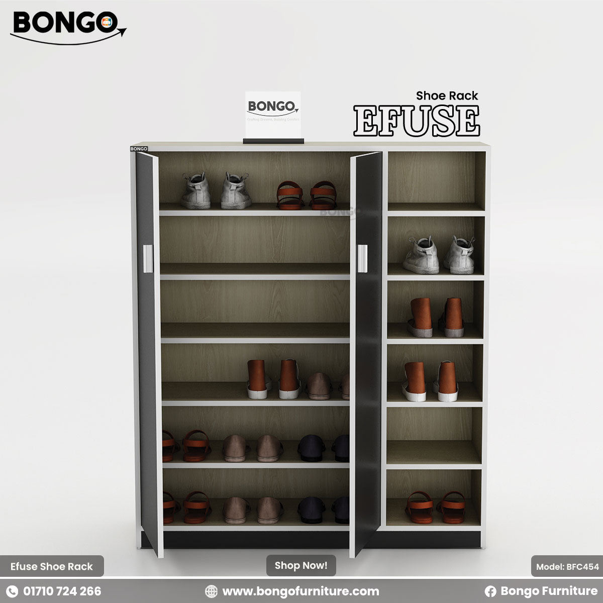 A product image of the "EFUSE Shoe Rack" by Bongo. The tall, modern cabinet features a light wood-grain frame, a large two-door cupboard with matte black doors and silver handles on the left, and a column of five open display shelves on the right. The open shelves are styled with several pairs of shoes. The unit is set against a plain, light grey background.