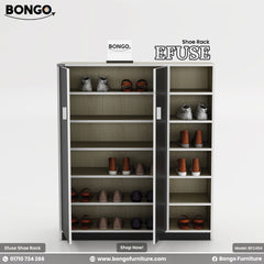 A product image of the "EFUSE Shoe Rack" by Bongo. The tall, modern cabinet features a light wood-grain frame, a large two-door cupboard with matte black doors and silver handles on the left, and a column of five open display shelves on the right. The open shelves are styled with several pairs of shoes. The unit is set against a plain, light grey background.