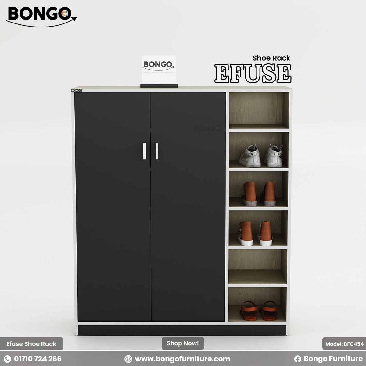 A product image of the "EFUSE Shoe Rack" by Bongo. The tall, modern cabinet features a light wood-grain frame, a large two-door cupboard with matte black doors and silver handles on the left, and a column of five open display shelves on the right. The open shelves are styled with several pairs of shoes. The unit is set against a plain, light grey background.