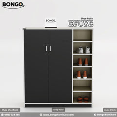 A product image of the "EFUSE Shoe Rack" by Bongo. The tall, modern cabinet features a light wood-grain frame, a large two-door cupboard with matte black doors and silver handles on the left, and a column of five open display shelves on the right. The open shelves are styled with several pairs of shoes. The unit is set against a plain, light grey background.