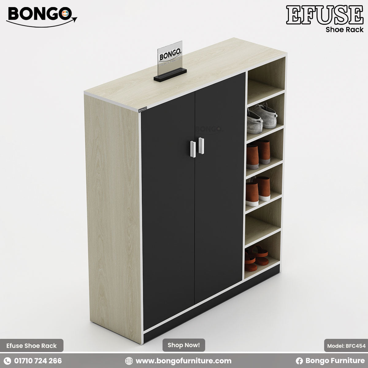 A product image of the "EFUSE Shoe Rack" by Bongo. The tall, modern cabinet features a light wood-grain frame, a large two-door cupboard with matte black doors and silver handles on the left, and a column of five open display shelves on the right. The open shelves are styled with several pairs of shoes. The unit is set against a plain, light grey background.