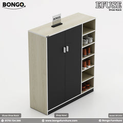 A product image of the "EFUSE Shoe Rack" by Bongo. The tall, modern cabinet features a light wood-grain frame, a large two-door cupboard with matte black doors and silver handles on the left, and a column of five open display shelves on the right. The open shelves are styled with several pairs of shoes. The unit is set against a plain, light grey background.