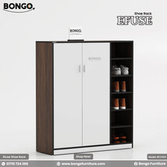 A promotional image of the "EFUSE Shoe Rack" by Bongo, shown in a dark wood and white finish. The tall, modern cabinet has a dark wood-grain frame, a large two-door cupboard with white doors and silver handles on the left, and a column of five open shelves on the right. The open shelves are styled with several pairs of shoes, including sneakers and boots. The unit is set against a plain, light grey background.