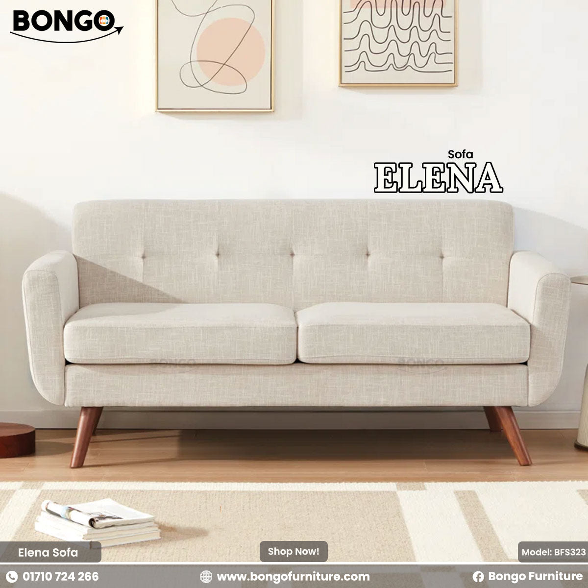 Beige sofa named 'Elena' by Bongo Furniture in a room setting.