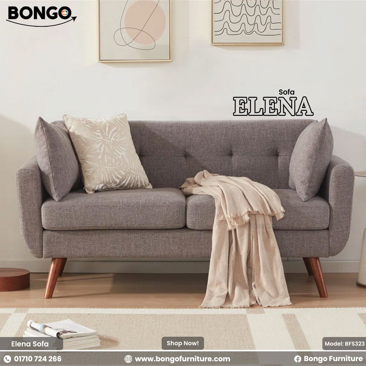 Gray sofa with decorative pillows and a blanket in a living room setting, featuring the Bongo Furniture brand.
