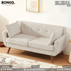 Beige sofa with cushions in a living room setting, featuring Bongo Furniture branding.