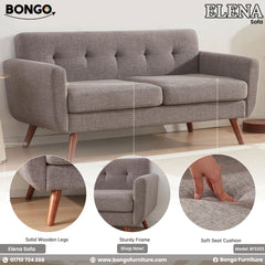 Gray sofa with detailed views and Bongo Furniture branding