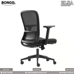 A promotional image of the 'Executive Chair ELSA' from BONGO, shown in a side profile. The all-black ergonomic chair features a curved mesh back, a fabric seat, T-shaped armrests, and a five-star base with casters.
