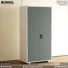 Gray storage Steel Almira with white base on a beige background, featuring Bongo and EYON branding.