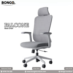 A promotional image of the "FALCONE Boss Chair" by Bongo. The modern ergonomic office chair is shown in a light grey and white color scheme. It features a high back made of breathable grey mesh, an adjustable padded headrest, a cushioned grey fabric seat, and a white five-star base with black caster wheels. The chair is set against a plain white background.