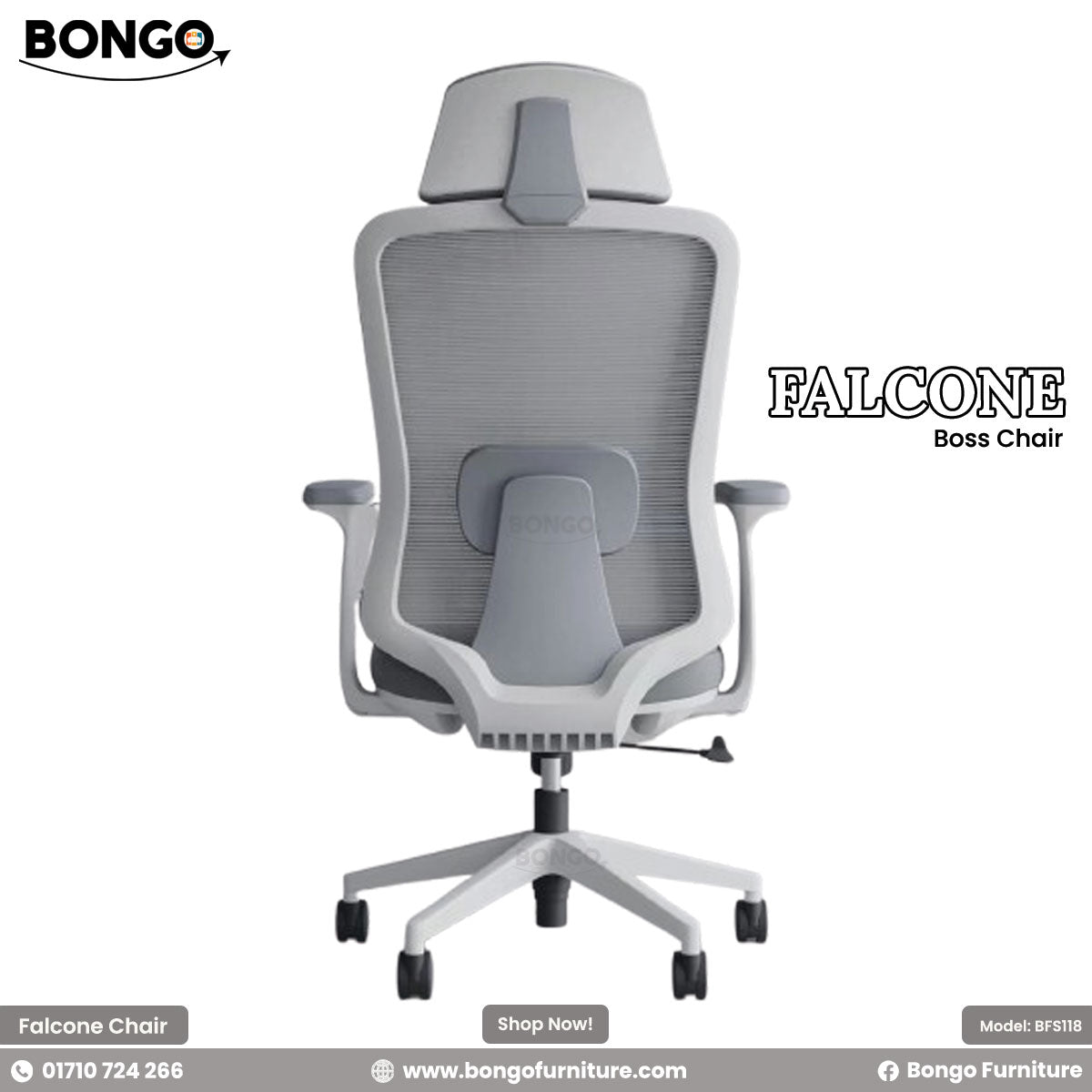 A promotional image of the "FALCONE Boss Chair" by Bongo. The modern ergonomic office chair is shown in a light grey and white color scheme. It features a high back made of breathable grey mesh, an adjustable padded headrest, a cushioned grey fabric seat, and a white five-star base with black caster wheels. The chair is set against a plain white background.