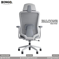 A promotional image of the "FALCONE Boss Chair" by Bongo. The modern ergonomic office chair is shown in a light grey and white color scheme. It features a high back made of breathable grey mesh, an adjustable padded headrest, a cushioned grey fabric seat, and a white five-star base with black caster wheels. The chair is set against a plain white background.