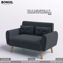 Black sofa with wooden legs on a light gray background, featuring the Bongo Furniture brand.