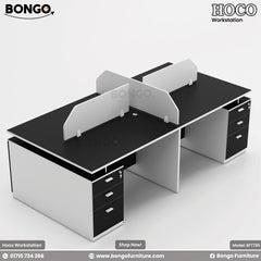 A modern Hoco Workstation with a black and white color scheme, featuring built-in drawers, privacy panels, and a spacious layout.