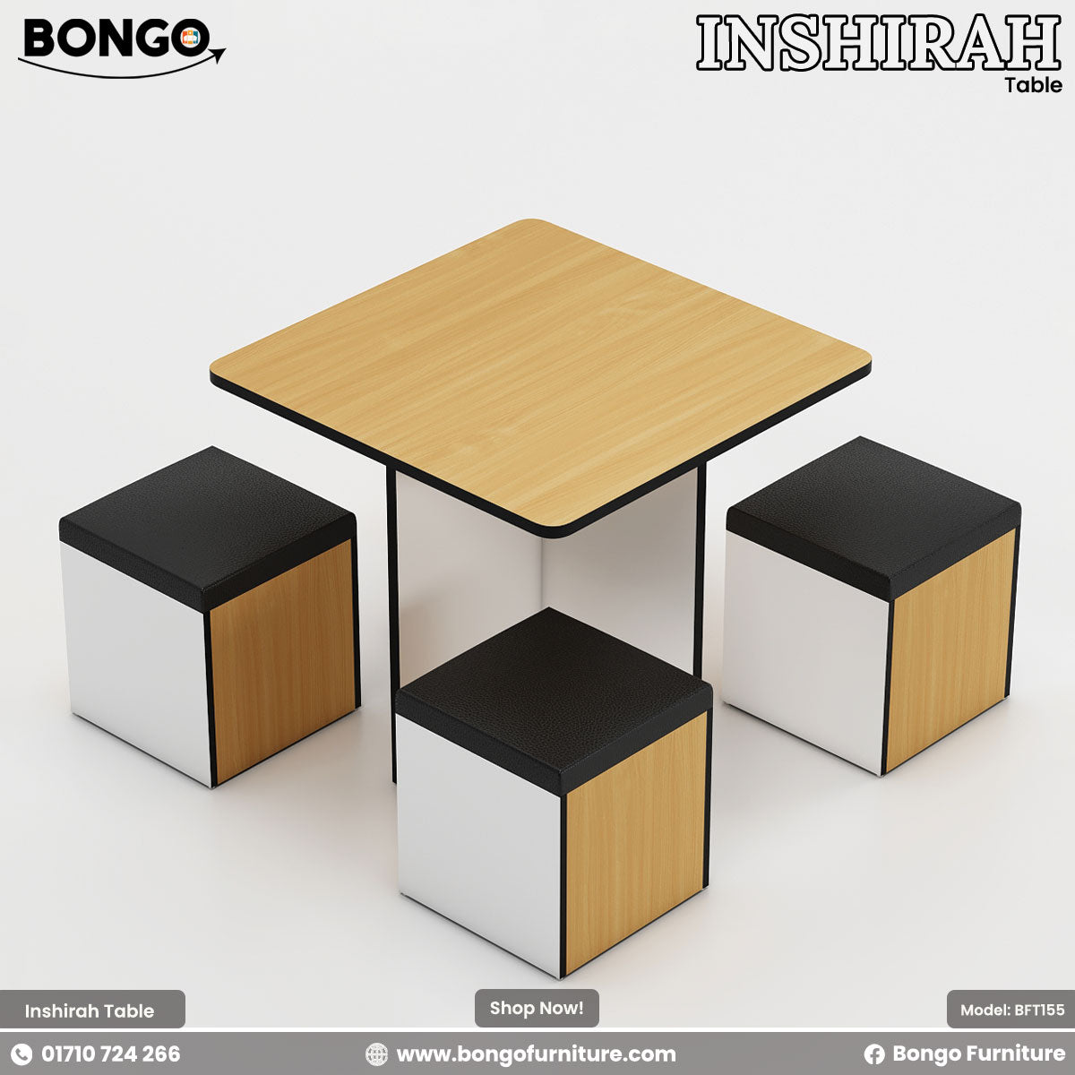 A modern Inshirah dining table with a beige laminated tabletop and black legs, accompanied by four matching stools with beige cushioned seats. The table is displayed against a white background with the Bongo Furniture logo and contact information.