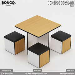 A modern Inshirah dining table with a beige laminated tabletop and black legs, accompanied by four matching stools with beige cushioned seats. The table is displayed against a white background with the Bongo Furniture logo and contact information.
