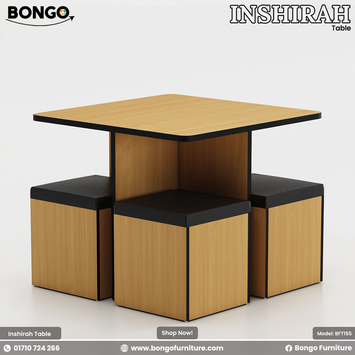 A modern Inshirah dining table with a beige laminated tabletop and black legs, accompanied by four matching stools with beige cushioned seats. The table is displayed against a white background with the Bongo Furniture logo and contact information.