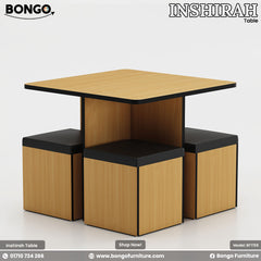A modern Inshirah dining table with a beige laminated tabletop and black legs, accompanied by four matching stools with beige cushioned seats. The table is displayed against a white background with the Bongo Furniture logo and contact information.