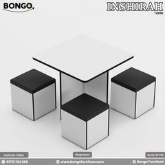 A modern Inshirah dining table with a beige laminated tabletop and black legs, accompanied by four matching stools with beige cushioned seats. The table is displayed against a white background with the Bongo Furniture logo and contact information.