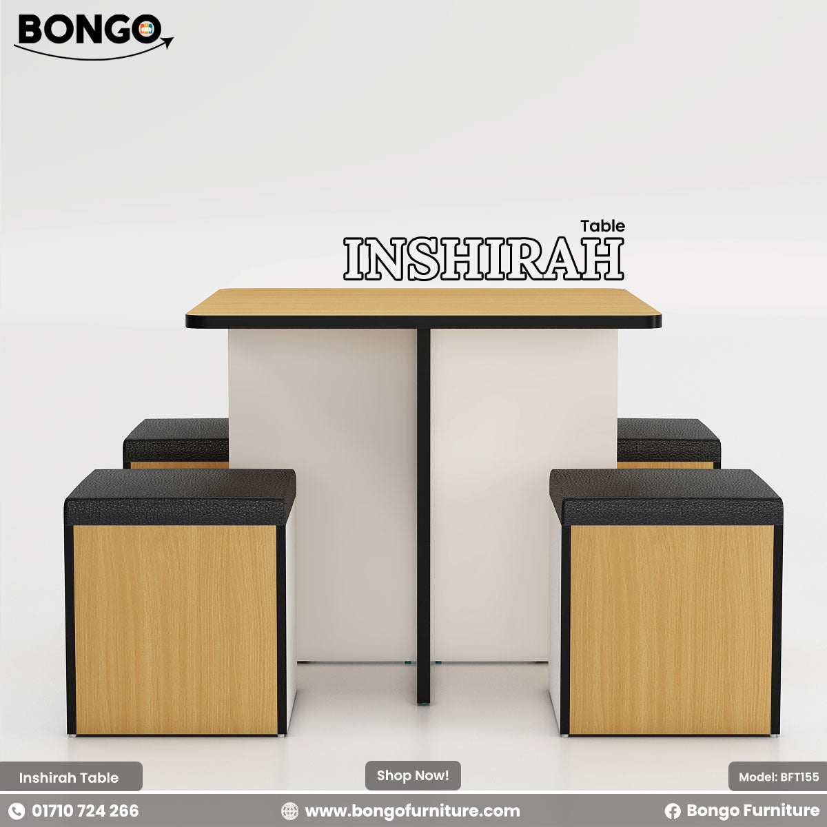 A modern Inshirah dining table with a beige laminated tabletop and black legs, accompanied by four matching stools with beige cushioned seats. The table is displayed against a white background with the Bongo Furniture logo and contact information.