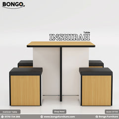 A modern Inshirah dining table with a beige laminated tabletop and black legs, accompanied by four matching stools with beige cushioned seats. The table is displayed against a white background with the Bongo Furniture logo and contact information.