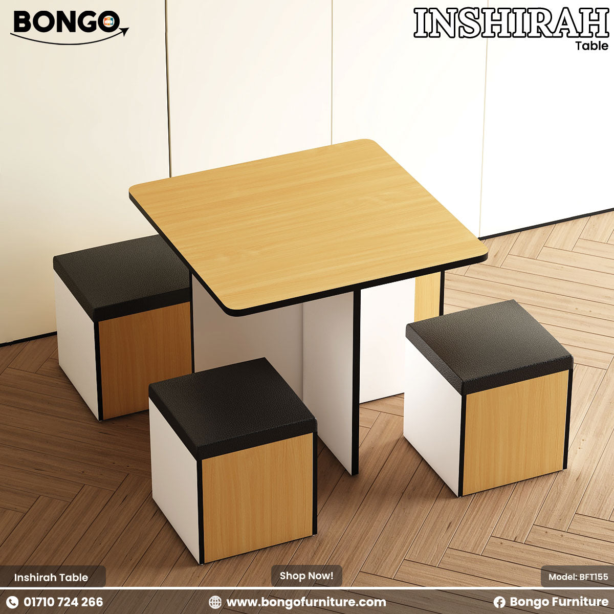 A modern Inshirah dining table with a beige laminated tabletop and black legs, accompanied by four matching stools with beige cushioned seats. The table is displayed against a white background with the Bongo Furniture logo and contact information.