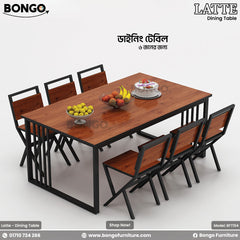 A promotional image of the 'LATTE Dining Table' set from BONGO. The six-seater industrial-style set includes a rectangular table and six chairs, all combining a reddish-brown wood-grain finish with black metal frames. The table is shown from a high angle, staged with a cake and bowls of fruit.