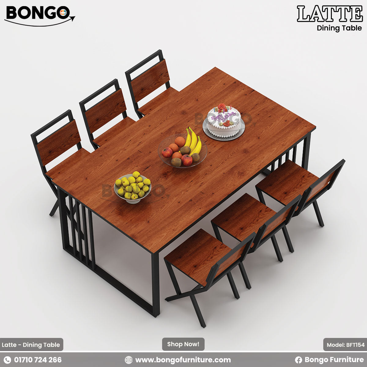 A promotional image of the 'LATTE Dining Table' set from BONGO. The six-seater industrial-style set includes a rectangular table and six chairs, all combining a reddish-brown wood-grain finish with black metal frames. The table is shown from a high angle, staged with a cake and bowls of fruit.