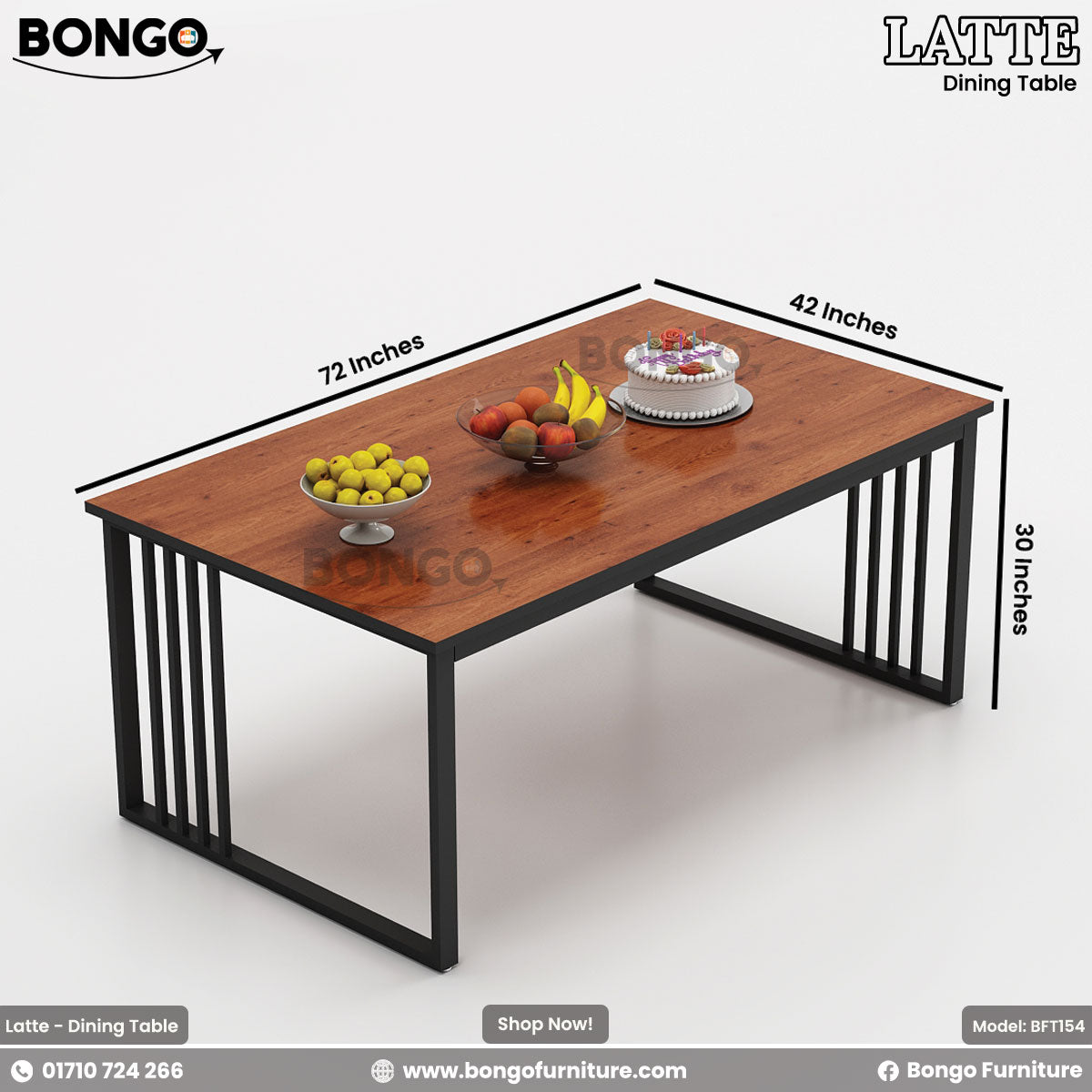 A promotional image of the 'LATTE Dining Table' set from BONGO. The six-seater industrial-style set includes a rectangular table and six chairs, all combining a reddish-brown wood-grain finish with black metal frames. The table is shown from a high angle, staged with a cake and bowls of fruit.