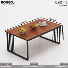A promotional image of the 'LATTE Dining Table' set from BONGO. The six-seater industrial-style set includes a rectangular table and six chairs, all combining a reddish-brown wood-grain finish with black metal frames. The table is shown from a high angle, staged with a cake and bowls of fruit.