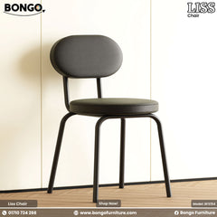 Black chair with cushioned seat and backrest on a light wooden floor and beige wall background, featuring Bongo Furniture branding.