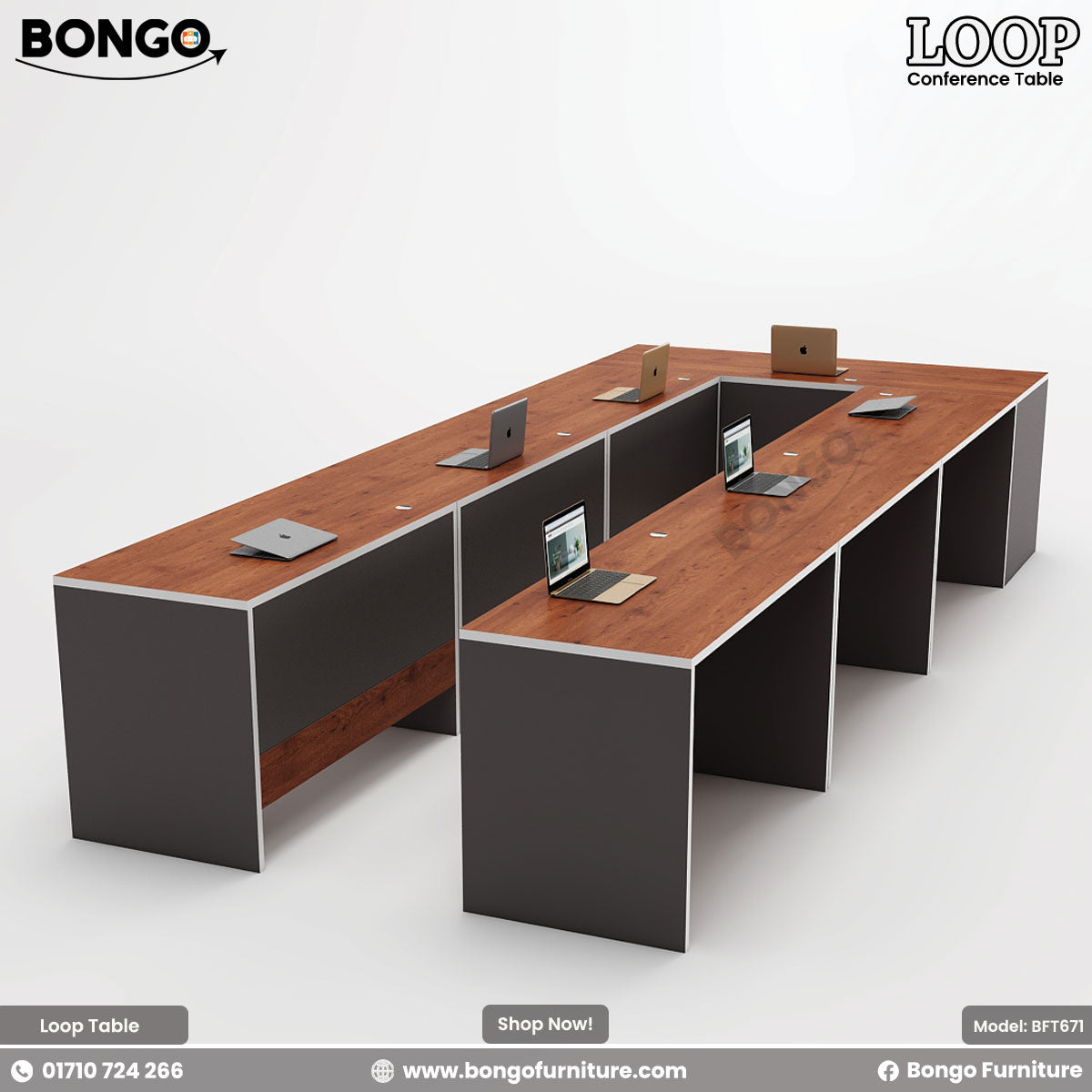 A modular conference table named Loop with a brown tabletop, gray legs, and multiple chairs around it.