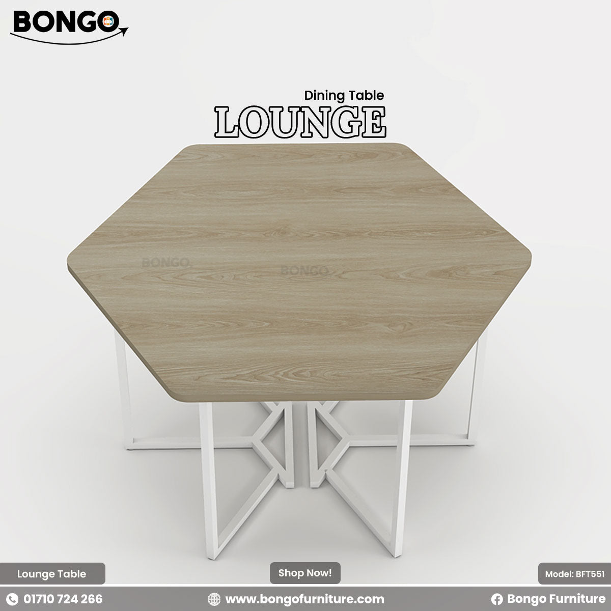 Hexagonal dining table with 'Bongo' branding on a white background
