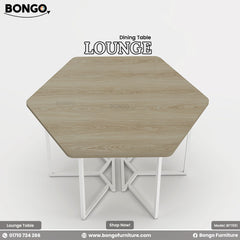 Hexagonal dining table with 'Bongo' branding on a white background