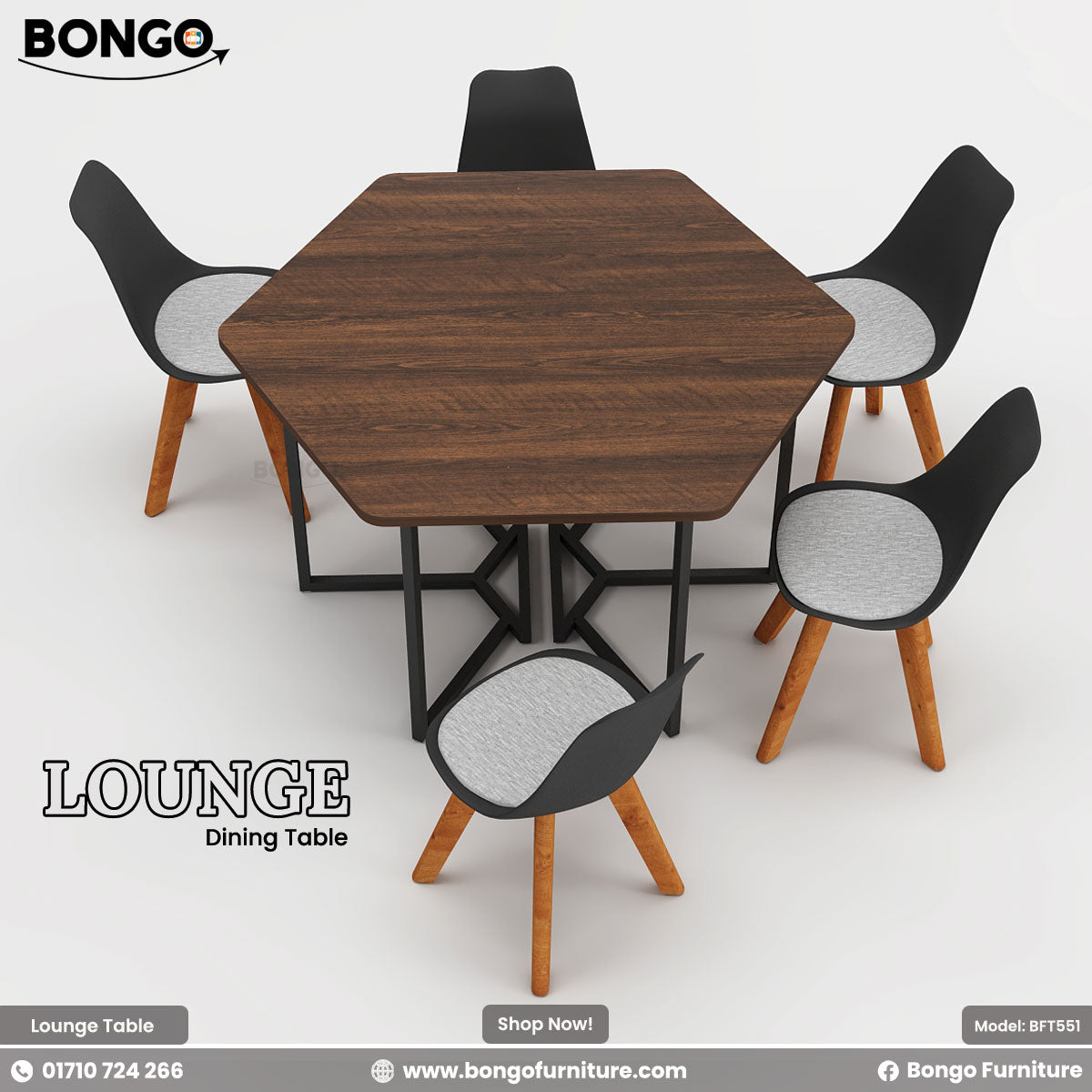 Dining table set with chairs on a white background, featuring Bongo Furniture branding.