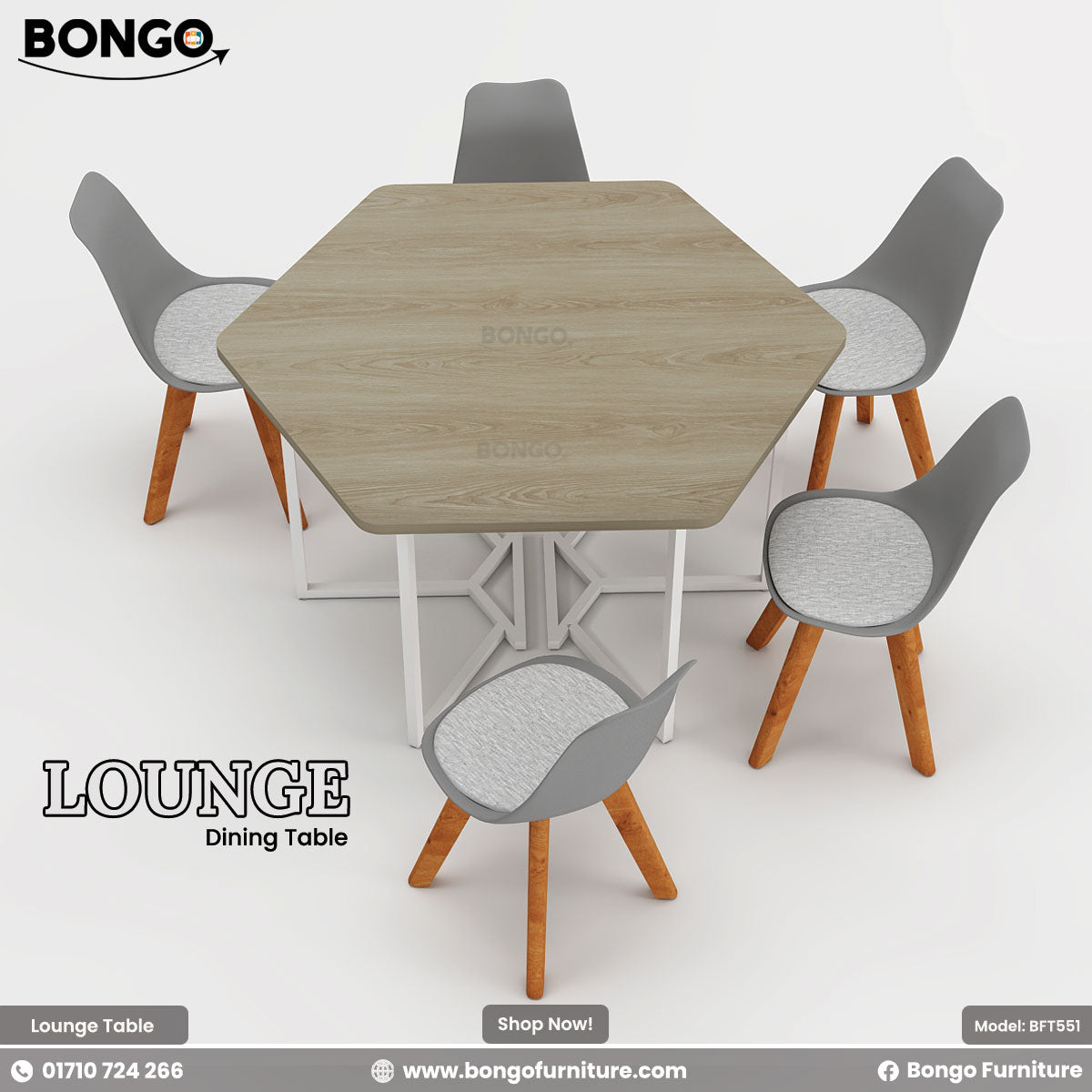 Hexagonal dining table with four gray chairs on a white background, featuring Bongo Furniture branding.
