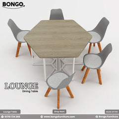 Hexagonal dining table with four gray chairs on a white background, featuring Bongo Furniture branding.