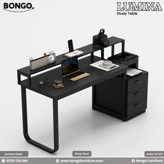 Black study table with various items on a white background, featuring Bongo Furniture branding.