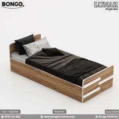 A single bed with brown Water Resistant Strong Laminated Board frame and white bedding, displayed in a room setting with a picture on the wall.
