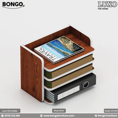 Water Resistant Strong Laminated Board file holder with books and a magazine on a white background, featuring Bongo Furniture branding.