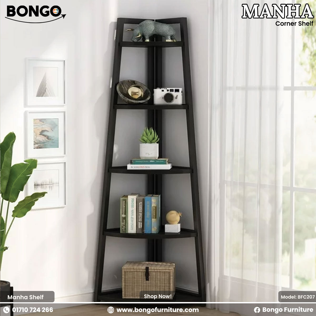 Black corner shelf with decorative items against a white wall, featuring Bongo Furniture branding.