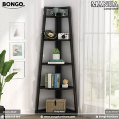 Black corner shelf with decorative items against a white wall, featuring Bongo Furniture branding.