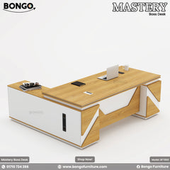 Mastery Boss Table (82"x36"x30") - 48mm laminated double board Top - 3 Per Channel drawers, 2 locks, cable hole. Includes Side cabinets. Color is Red Oak and White. Shop Now!