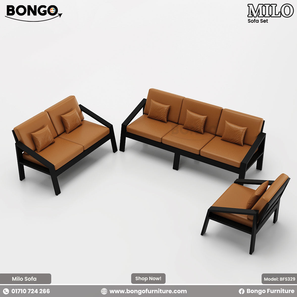 A modern three-piece sofa set with a minimalist industrial design, shown from a high angle. The set includes a three-seater sofa, a two-seater loveseat, and a matching armchair. All pieces share a matte black metal frame and are fitted with smooth, tan leather-style cushions and matching throw pillows.